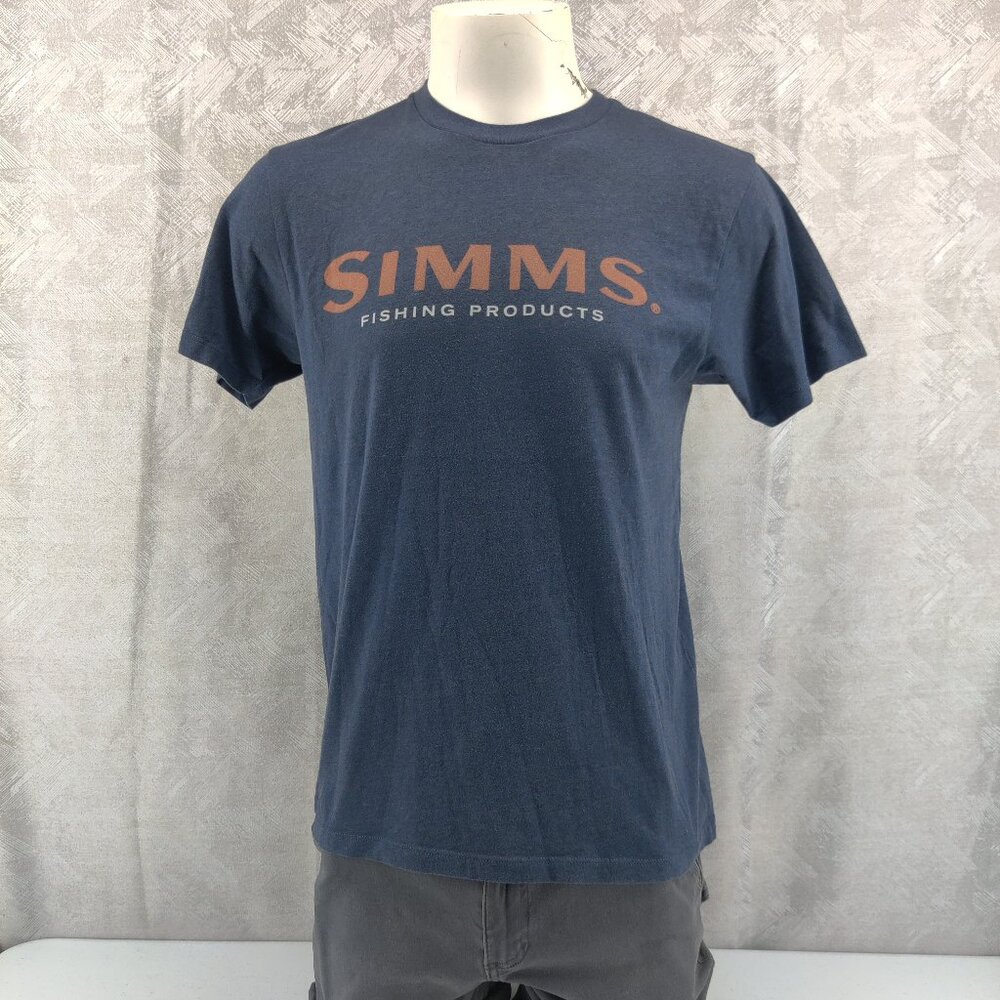 Simms Fishing Shirt Men's Medium Short Sleeve Graphic‎ Print Logo Navy Blue
